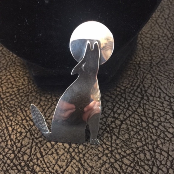 Native American Jewelry - Native American vintage Coyote/Moon Brooch SS- SIGNED